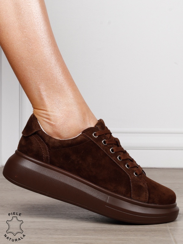 Pantofi Casual Damă din Piele Întoarsă Naturală cu Șiret CRL1802 CAFENIU SUEDE - Img 2