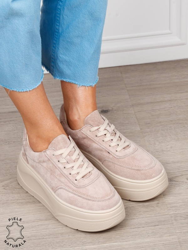 Pantofi casual damă din piele întoarsă naturală cu siret CRL1822 BEJ - Img 2