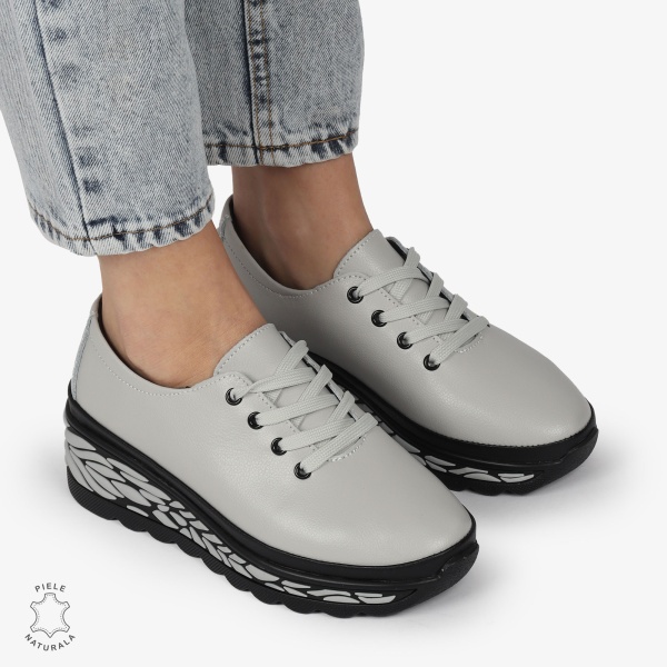Pantofi Casual dama din Piele naturala CU DESIGN PE TALPA SIRET CRL1345 GRI - Img 2