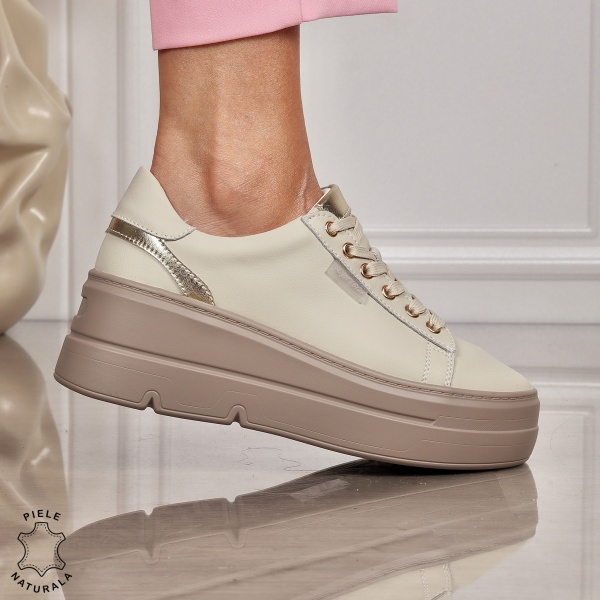 Pantofi CASUAL damă din piele naturală CU SIRET CRL1453 BEJ - Img 2