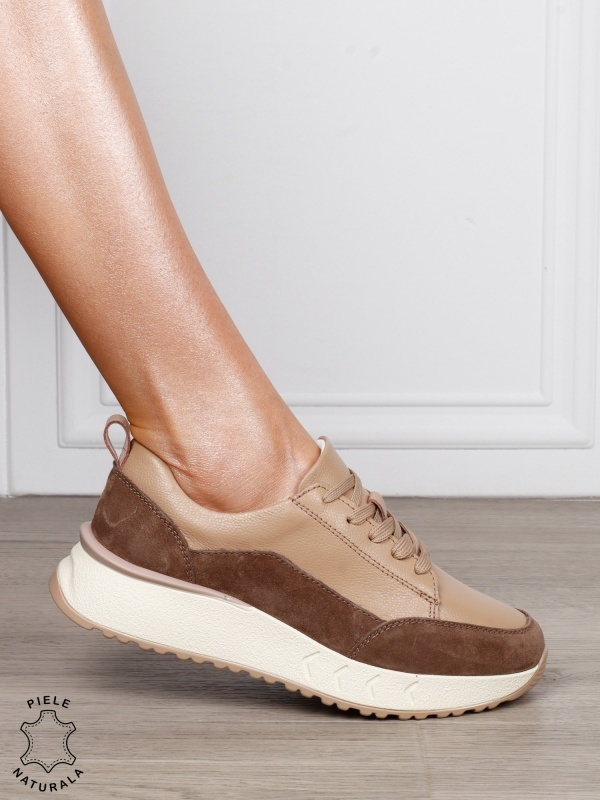 Pantofi Casual Damă din Piele Naturală cu Șiret și Design în Combinație de Culori CAMEL CRL1800 - Img 2