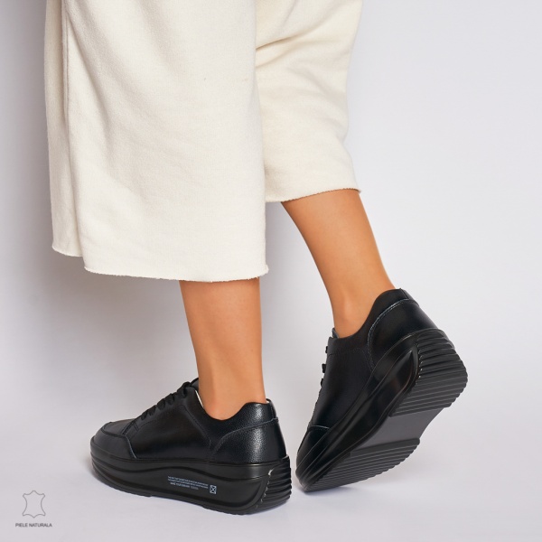 Pantofi Casual dama din Piele naturala cu talpa groasa CRL0039 negru - Img 3