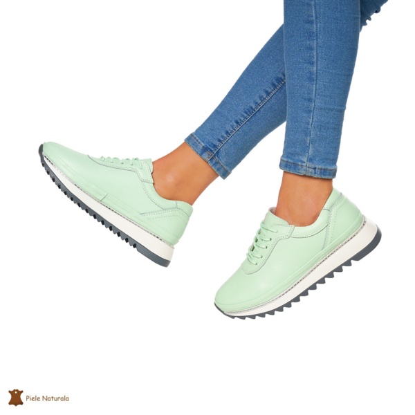 Pantofi Casual dama din Piele naturala cu talpa groasa CRL0048 VERDE - Img 2