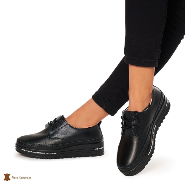 Pantofi Casual dama din Piele naturala cu talpa groasa CRL0053 NEGRU - Img 2