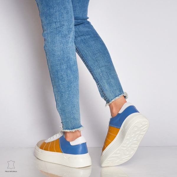 Pantofi Casual dama din Piele naturala cu talpa groasa Multicolor CRL0040 MUSTAR - Img 4