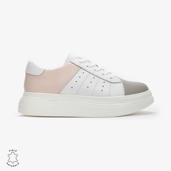 Pantofi Casual dama din Piele naturala cu talpa groasa Multicolor CRL0040ALB CU ROZ - Img 3