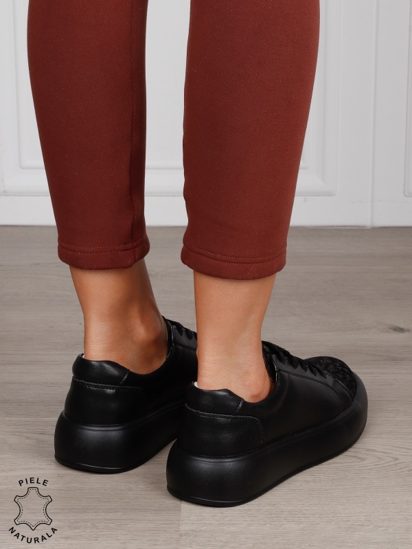 Pantofi Casual damă din piele naturală cu talpa inalta CRL1571 NEGRU - Img 3