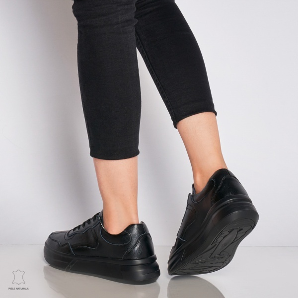 Pantofi Casual dama din Piele naturala cu talpa plata CRL0042 NEGRU - Img 3