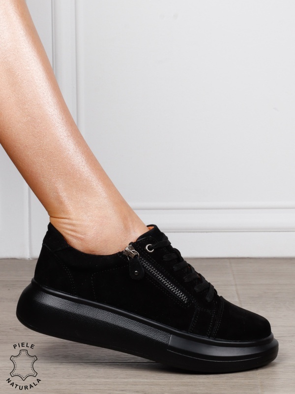 Pantofi Casual Damă din Piele Naturală intoarsa cu Fermoar Lateral CRL1801 NEGRU - Img 2