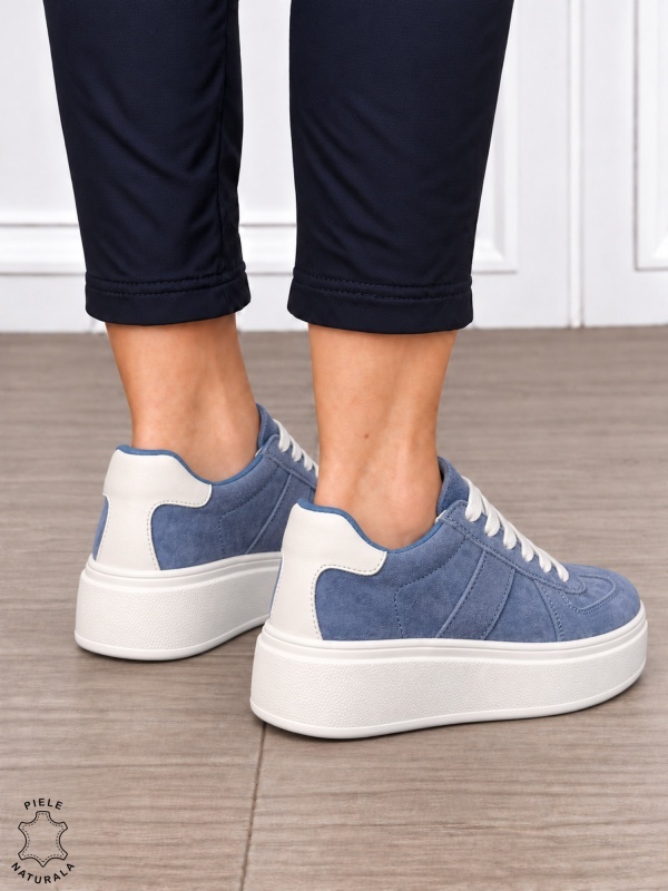 Pantofi casual damă din piele naturală întoarsă cu model lateral CRL1918 ALBASTRU - Img 3