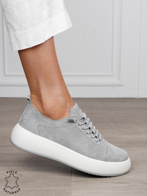Pantofi Casual dama din Piele Naturala Intoarsa cu siret special CRL1550GRI - Img 2