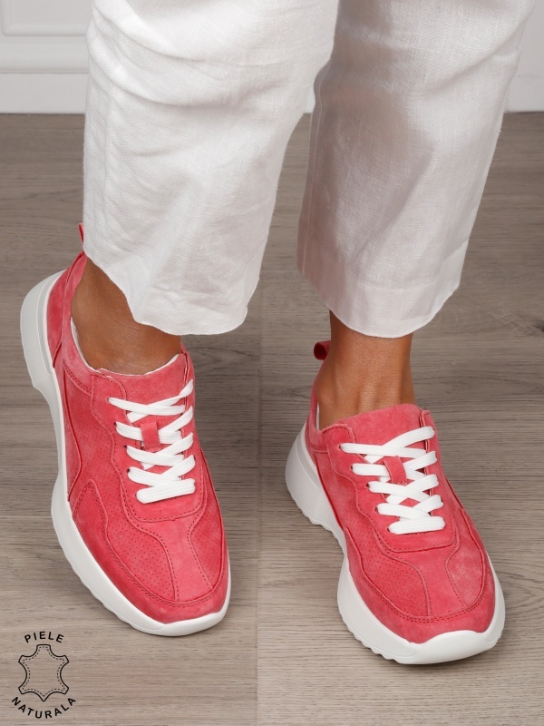 Pantofi Casual dama din Piele Naturala Intoarsa cu talpa inalta CRL1553 ROZ - Img 2