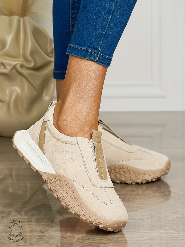 Pantofi CASUAL dama din piele naturala INTOARSA de tip Slip-on CRL1458 BEJ - Img 2