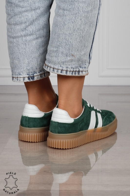 Pantofi Casual DAMA din Piele Naturala intoarsa, Model Retro CRL1531VERDE - Img 3