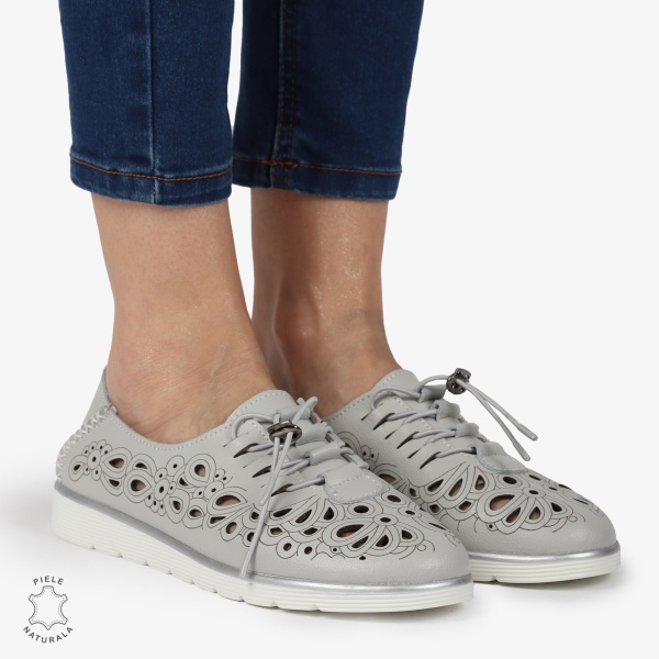 PANTOFI CASUAL dama din Piele naturala PERFORATA CU MODEL CRL1356 GRI - Img 4