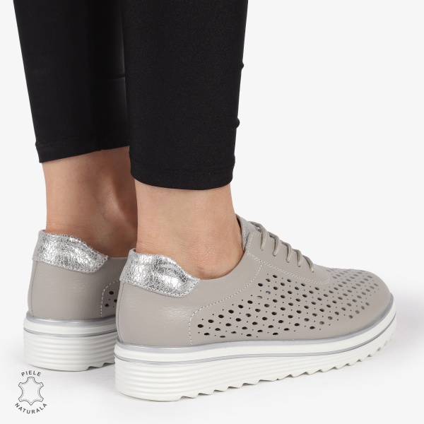 Pantofi Casual dama din piele naturala Perforati CRL0782 GRI - Img 3
