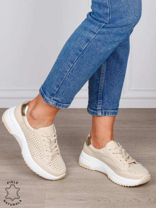 PANTOFI CASUAL Dama Piele Naturala cu mici perforati confortabile CRL1596 BEJ - Img 3