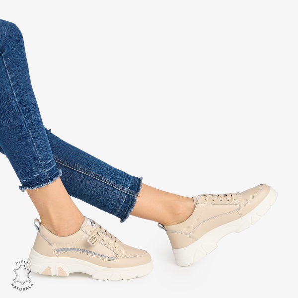 Pantofi Casual de dama din Piele Naturala COMODE CU MODEL CRL1218 BEJ - Img 2