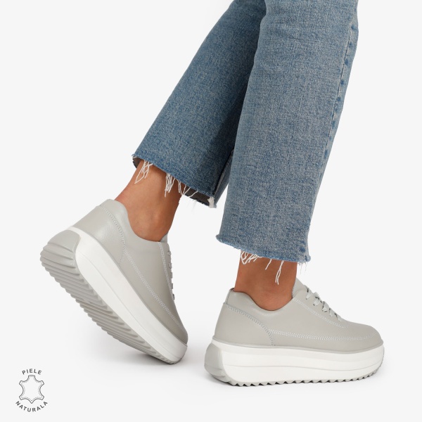 Pantofi Casual de dama din Piele Naturala cu talpa Inalta CRL1201Gri - Img 3