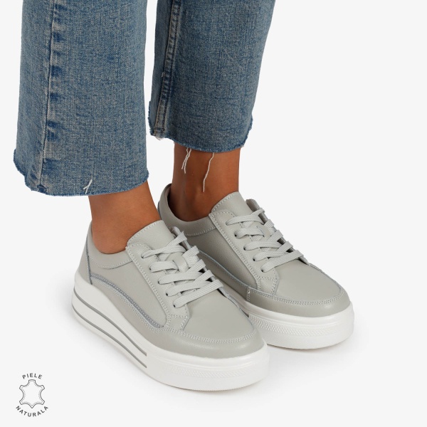 Pantofi Casual de dama din Piele Naturala cu talpa inalta si Dungi CRL1203 GRI - Img 3