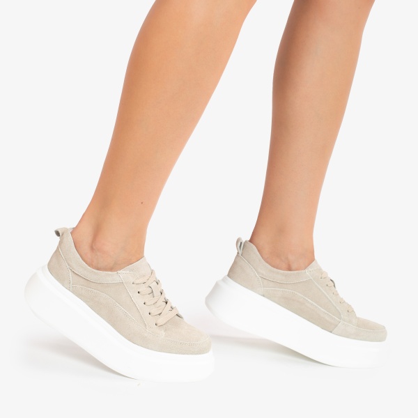 Pantofi Casual de dama din Piele Naturala Intoarsa CRL0567 BEJ - Img 2