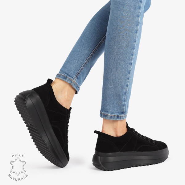 Pantofi Casual de dama din Piele Naturala INTOARSA CU CUSATURI DECORATIVE CRL1220 NEGRU - Img 3