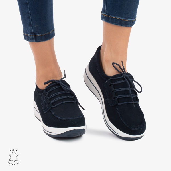 Pantofi casual de dama din piele naturala Intoarsa cu talpa groasa CRL0005 Bleumarin - Img 2