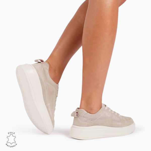 Pantofi Casual de dama din Piele Naturala INTOARSA CU TALPA INALTA CRL1210 BEJ - Img 4