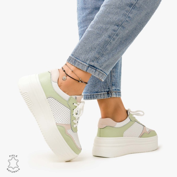 Pantofi Casual de dama din Piele Naturala Multicolor CRL1096 ALB CU Verde - Img 2