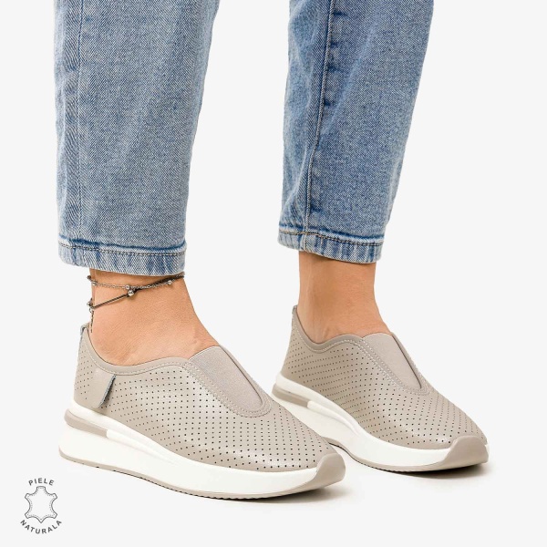 Pantofi Casual de dama din Piele Naturala PERFORATA CU ELASTIC CRL1200 GRI - Img 2