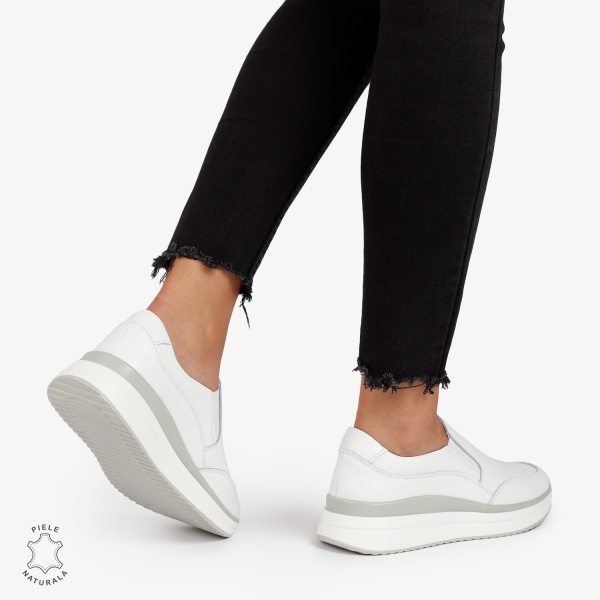 Pantofi Casual de dama din Piele Naturala Slip-On CRL1204 ALB - Img 3