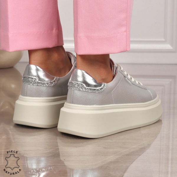 Pantofi CASUAL PIELE NATURALA CU SIRET CRL1449 ARGINTIU - Img 3