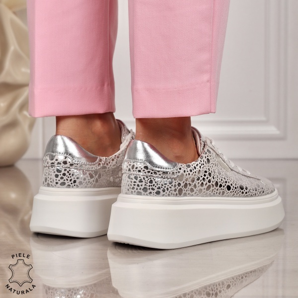 Pantofi CASUAL PIELE NATURALA CU SIRET CRL1450 Argintiu - Img 3