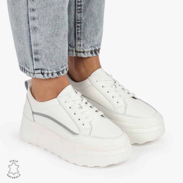 Pantofi CASUAL PIELE NATURALA dunga decorativa cu talpa inalta CRL1261 White - Img 2