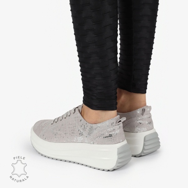 Pantofi casual piele naturala Intoarsa cu INCHIDERE SIRET CRL1306 ARGINTIU - Img 4