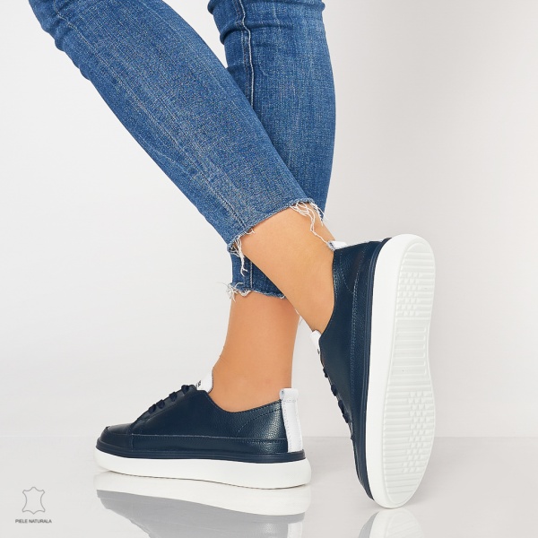 Pantofi casual trendy de dama din piele naturala Multicolor CRL0007 Bleumarin - Img 3