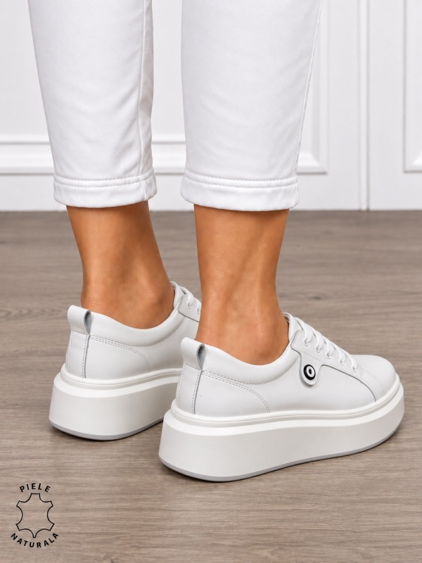 Pantofi damă din piele naturală cu șiret si talpa groasa CRL1858 ALB - Img 3