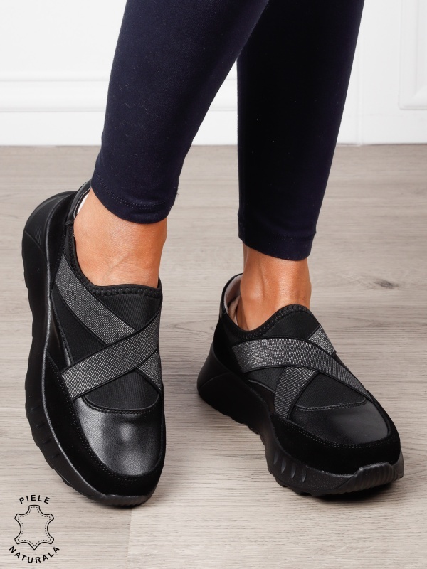 Pantofi dama din Piele Naturala slip-on cu elastic CRL1545 NEGRU - Img 2
