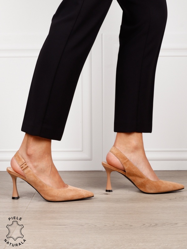 Pantofi dama eleganti cu toc special si varf ascutit din piele naturala intoarsa CRL1612 BEJ - Img 3