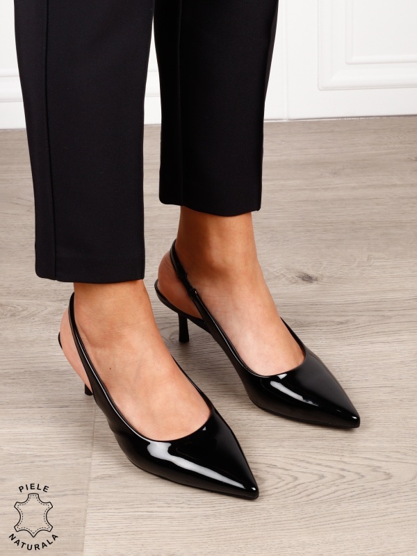 Pantofi dama eleganti din piele naturala cu toc subtire si varf ascutit CRL1616 NEGRU - Img 2