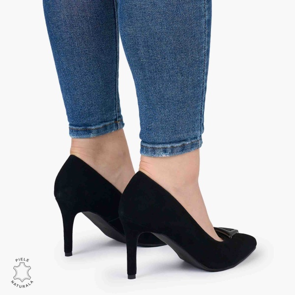 Pantofi Eleganți dama din Piele Naturala INTOARSA CRL0979 NEGRU - Img 3