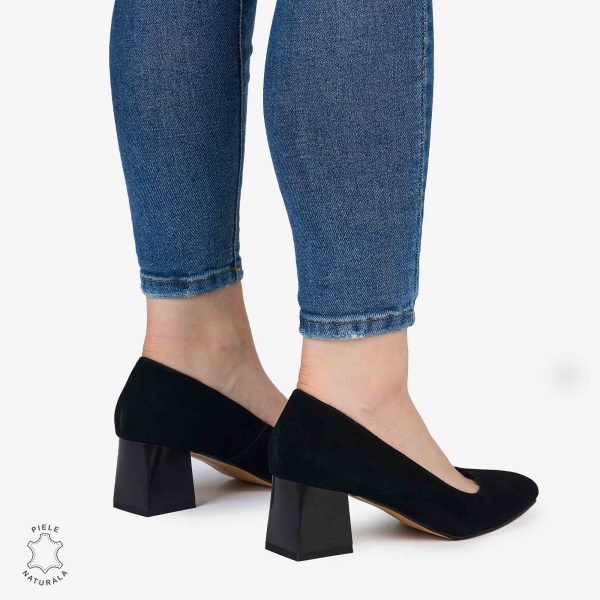 Pantofi Eleganți dama din Piele Naturala INTOARSA CU TOC MIC CRL0981 NEGRU - Img 3