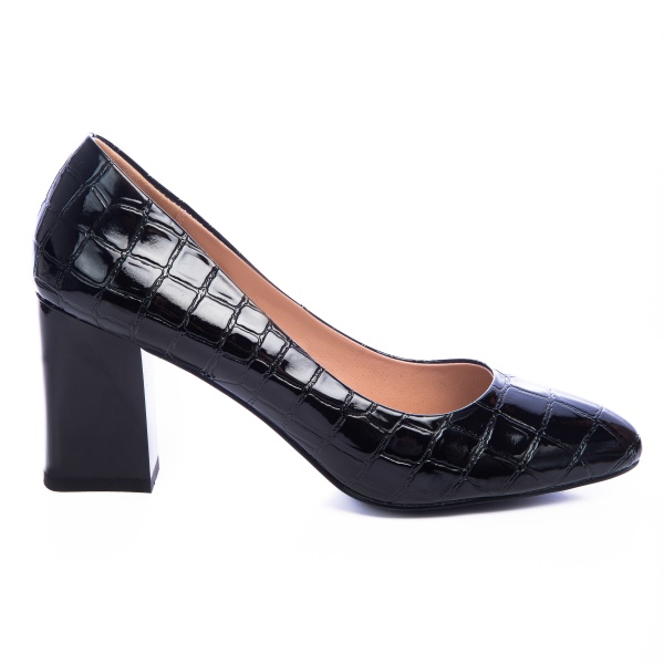 Pantofi Eleganti din Piele Ecologica cu model si toc Gros CRL0725 Negru - Img 2