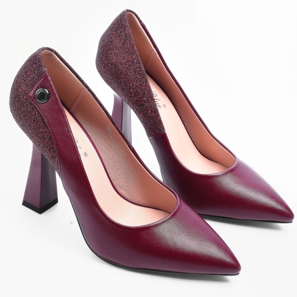 Pantofi Eleganti din Piele Ecologica cu toc special si Sclipici CRL0724 bordo - Img 2