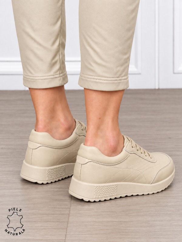Pantofi sport damă din piele naturală cu cataramă decorativă în partea frontală CRL1895 BEJ INCHIS - Img 3
