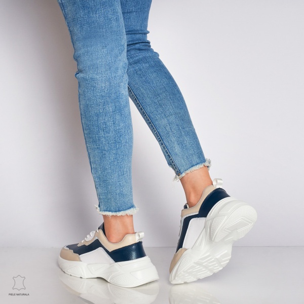 Pantofi Sport dama din Piele naturala cu talpa groasa Multicolor CRL0036 Bleumarin cu Bej - Img 2