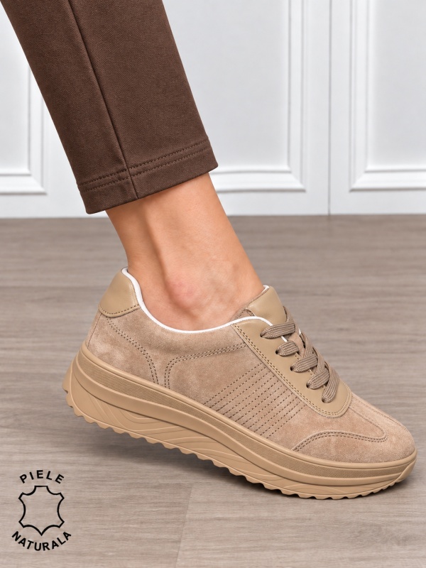 Pantofi sport damă din piele naturală întoarsă cu design casual CRL1894 KHAKI - Img 2
