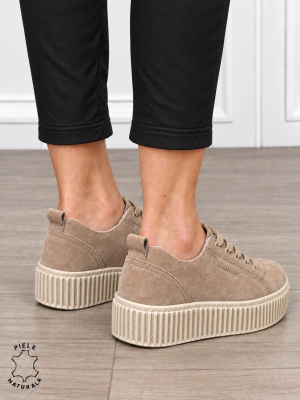 Pantofi sport damă din piele naturală intoarsa stil clasic CRL1868 KHAKI - Img 3