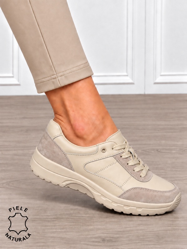 Pantofi sport damă din piele naturală și piele întoarsă cu design modern CRL1896 BEJ - Img 2