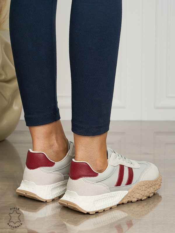 Pantofii casual piele naturala cu siret si dungi laterale CRL1459 GRI - Img 3